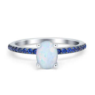 Oval Art Deco Engagement Ring Side Stone Sapphire Lab Created White Opal 925 Sterling Silver
